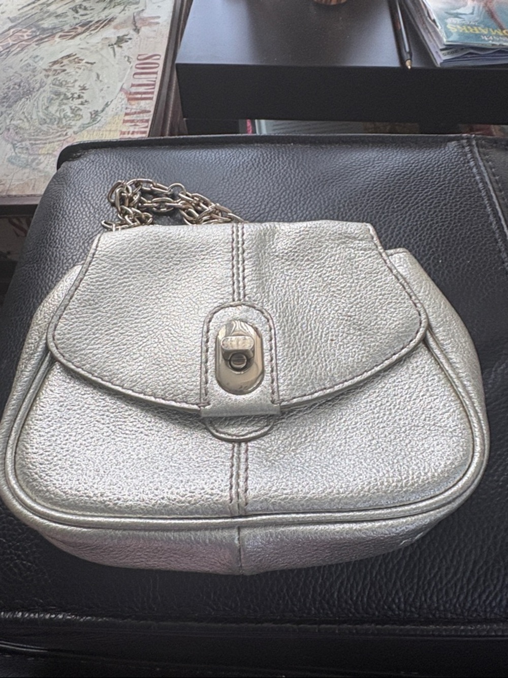 Banana Republic Compact  Metallic Leather Silver Crossbody with Chain Strap